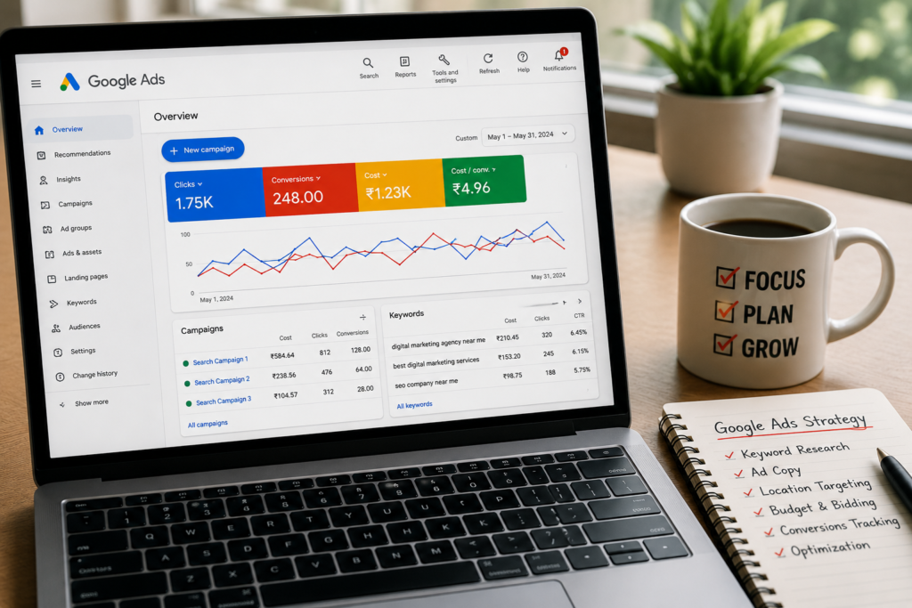 Google Ads campaign displayed on a laptop screen for local business marketing, showing keyword targeting, ad performance, and lead generation strategies."