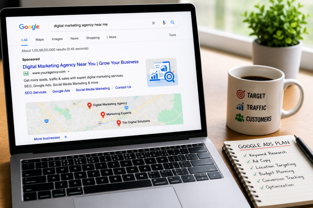 "Google Ads dashboard for local business advertising and lead generation."