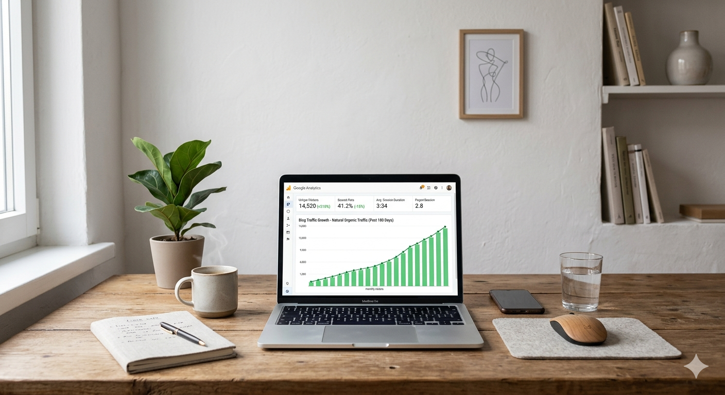A laptop screen showing an upward traffic growth chart on an analytics dashboard.