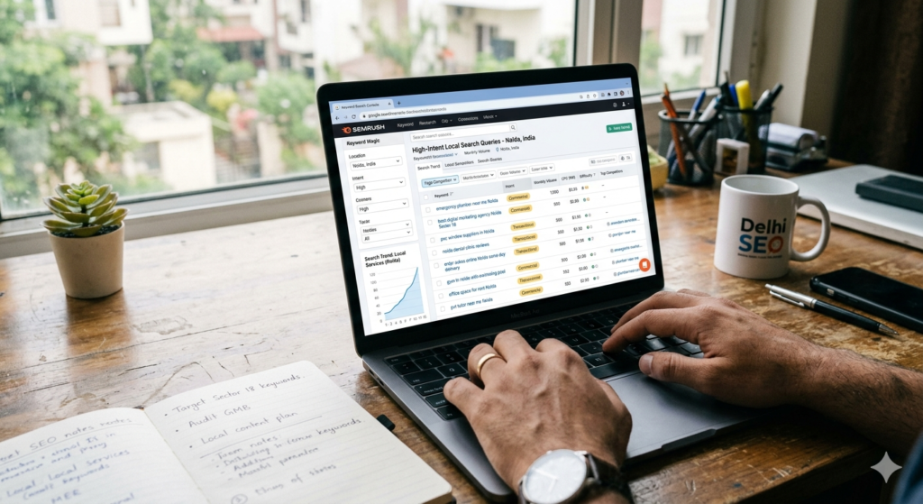 An open keyword research tool on a laptop screen displaying high-intent local search queries.