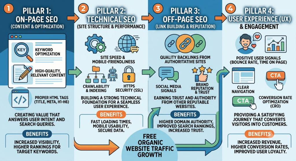Infographic showing how to get traffic on website without ads through SEO strategy pillars